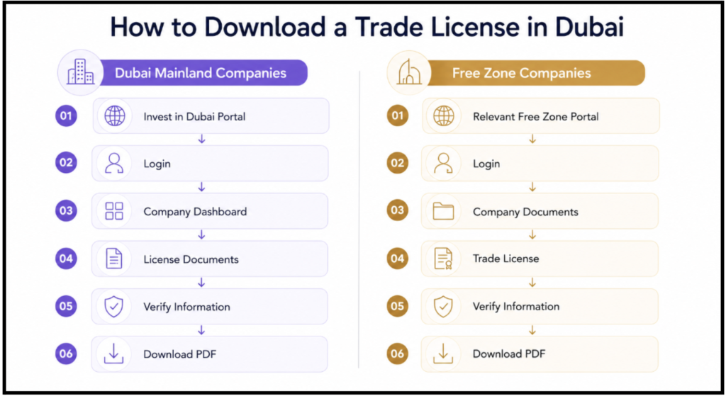 <alt text> How to Download a Trade License in Dubai Flowchart Infographic Image